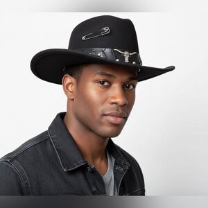 Custom Black Western Hat with Feather and Bull Skull Band and card accent